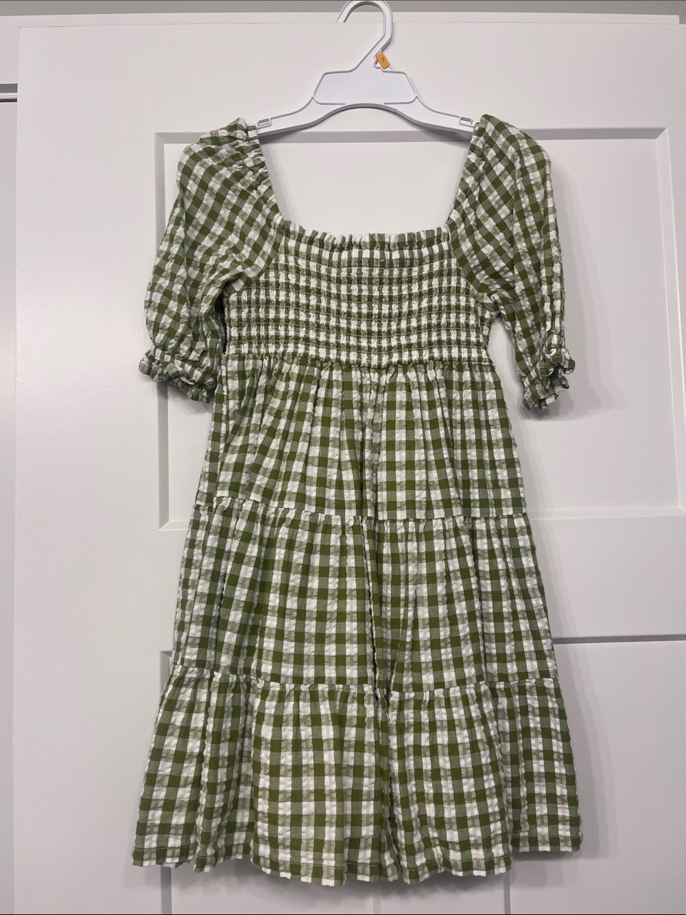 crown & ivy Olive Green Gingham Smocked Midi Dress